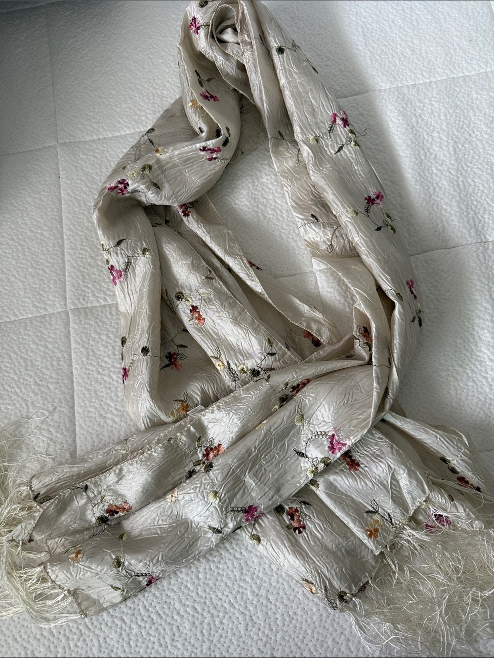 Light Cream Floral Embroidered Shimmer Scarf with Fringe